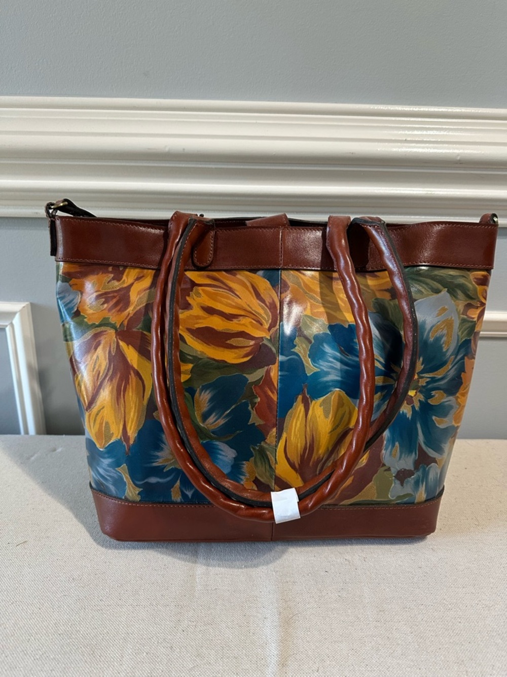 Patricia Nash Brown Trim Floral Tote with Teal and Mustard Blooms